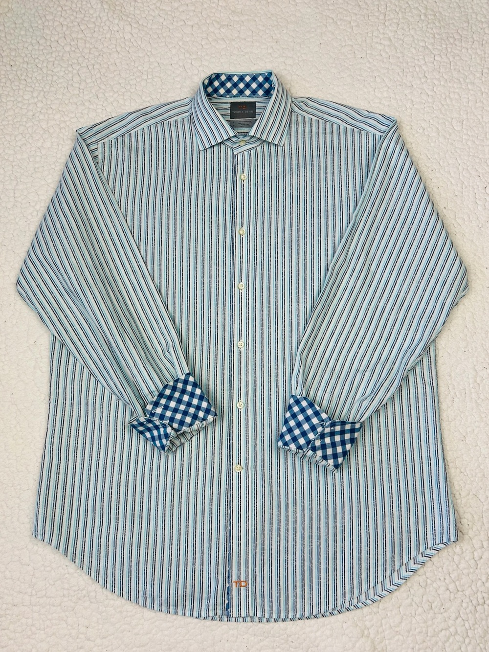 TD Thomas Dean Button Up Shirt Men's L White Blue Striped Long Sleeve Flip Cuff